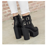 Amozae  Spring Autumn Fashion Women Boots High Heels Platform Buckle Lace Up Leather Short Booties Black Ladies Shoes Promotion