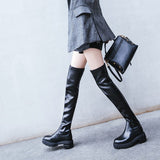 Fashion cow leather solid round toe slip on stretch thigh high boots streetwear brand platform riding over-the-knee boots L99