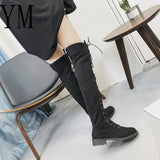Back to College   Lace Up Over Knee Boots Women Boots Flats Shoes Woman Square Heel Zipper Flock Boots Botas Winter Thigh High Boots Big 43