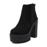 Amozae  Fashion Black Ankle Boots For Women Thick Heels Spring Autumn Flock Platform Shoes High Heels Black Zipper Ladies Boots