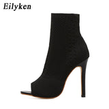 Amozae Spring Autum New Design Women Ankle Boots Peep Toe Knitted Stretch Fabric Boots   Cut-Out Thin High Heels Shoes Woman