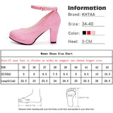 Amozae Women Fashion Flock Pumps Ladies Sweet Thick High Heels Shoes Female Ankle Strap Suede Mary Jane Woman Party Casual Footwear