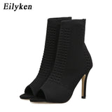 Amozae Spring Autum New Design Women Ankle Boots Peep Toe Knitted Stretch Fabric Boots   Cut-Out Thin High Heels Shoes Woman