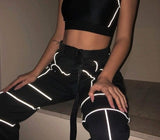 Amozae Reflective Stripe Patchwork Gothic Cargo Pants Women Streetwear New Arrival High Waist Trousers With Sashes