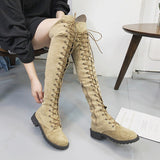 Back to College   Lace Up Over Knee Boots Women Boots Flats Shoes Woman Square Heel Zipper Flock Boots Botas Winter Thigh High Boots Big 43