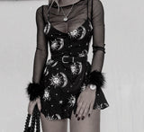 Amozae Aesthetic Vintage Print Dress Summer Elegant Casual Button Mesh Punk Dresses Spaghetti Strap V- Neck Dress Hot