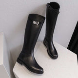 Amozae-krazing pot Winter round toe cow leather metal buckle decoration keep warm plus size thick low heels riding knee-high boots l13