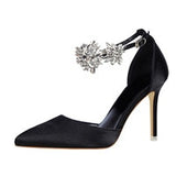 Back to College Elegant Rhinestone High Heels Women Pumps Silk Pointed Toe Wedding Shoes Women Buckle Strap Crystal Party Shoes Women SWB0025