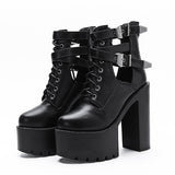 Amozae    Buckle Womens Nightclub Shoes High Heels Hollow Out Ankle Boots Platform Heels Gothic Black Leather Short Boots Lady