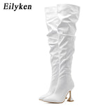 Amozae- New Design Pleated Leather Over The Knee Boots Fashion Runway Strange High Heels   Pointed Toe Zip Womans Shoes