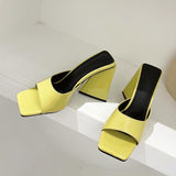 Amozae Women Design 10cm High Heels Slides Mules Summer Peep Toe Patent Leather Green Yellow Thick Block Heels Slippers Party Shoe