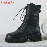 Krazing Pot 2022 full grain leather motorcycles boots round toe cross-tied med heels lace up big size winter warm mid-calf boots
