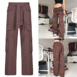 Amozae  Khaki Side Big Pockets Wide Leg Straight Jeans Women Solid Casual Oversized Baggy Denim Pants Mom Street Cargo Pants