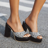 Doratasia 2020 Wholesale Big Size 43 Square High Heels Crystals Platform Women Shoes Summer Sandal Mules Slippers Woman