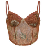 Amozae- Vintage Mesh Lace Sleeveless Corset Crop Top Women Summer Transparent Brown Strappy Camis Tops Floral Print Vest