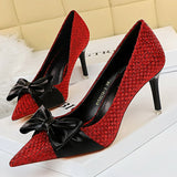 2023 Luxury Women Weave 7.5cm Thin High Heels Pumps Butterfly Knot Low Kitten Heels Valentine Cute Blue Wedding Red Bride Shoes