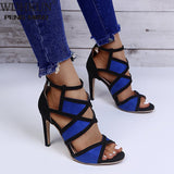 Brand Design Women Fashion Peep Toe Patchwork Colors Thin Heel Sandals Pink Blue Strap Cross High Heel Sandals Dress Shoes