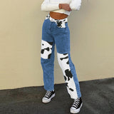 Amozae-- Patchwork Cow Goth Aesthetic Jeans Women Vintage Y2K 90s Streetwear Denim Trousers High Waist Slim Straight Pants