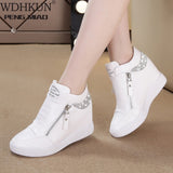 Women Wedge Sneakers Side Zipper PU Leather Casual Shoes Sequins Thick Bottom White Shoe Women's Internal Heighten Flat Sneaker