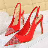 2021 Women Crystal 9.5cm High Heels Sandals Wedding Green Stripper Cap Toe Stiletto Heels Slingback Sandles Satin Silk Red Shoes
