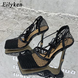 Amozae   Green Mesh Pumps Sandals Female Square Toe high heel Lace Up Cross-tied Stiletto hollow Dress shoes size 35-42