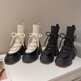 Amozae Women's New Autumn Platform White Black Martin Boots Short Sock British Style All-match Thick Heel Rubber Chunky Heels