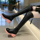 Over The Knee Long Boots For Women Candy Colors Thick Heels Ladies High Boots Soft PU Leather Zipper Shoes Platform Female Boots