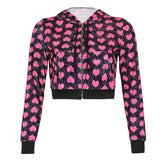 Amozae Velvet Heart Print Cropped Top Bomber Jacket Women Autumn Cute Pink Long Sleeve Coats Zipper Winter 90S Overcoat