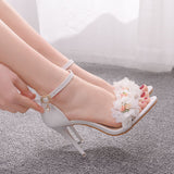 Amozae-  New White Flower Dance Shoes High Heels Women   Show Sandals Ladies Party Club Shoes Wedding New Female Dress Shoes H0043