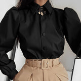 Amozae-- Turn-Down Collar Casual Streetwear Woman Fashion Button Brown Leather Blouse Shirt Puff Long Sleeve Tops And Blouse 1117