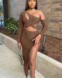 Amozae     Outfits For Woman Summer Bodycon Dress Sets One Shoulder Long Sleeve Crop Top And Long Skirt Two Piece Club Party Wear