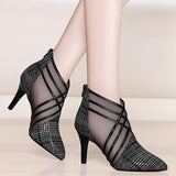 Fashion Mesh Lace Crossed Stripe Women Ladies Casual Pointed Toe High Stilettos Heels Pumps Feminine Mujer Sandals Shoes