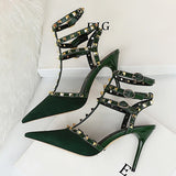 2021 Summer Women 9cm High Heels Rivets Sandals Designer Suede Green Blue Stiletto Heels Gladiator Sandals Lady Studded Shoes
