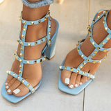 Women Fashion Sandals Crystal Chain High Heels Female Shoes Woman Square Heel Open Toe Buckle Strap Ladies Sandals   New