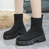 Women Sock Shoes Knitted Slip On Autumn Short Boots Fashion Comfort Thick Platform Ladies Shoe Female Footwear 2021 Ankle Boots