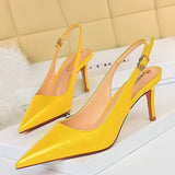 Amozae-2024 Women 7cm 9.5cm High Heels Yellow Sandals Lady Leather Stripper Slingback Sandles Wedding Bridal Party Shoes Large Size 43