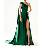 Amozae Graduation Gift Big Sale One Shoulder Padded   Split fork Satin Maxi Dress Women's Evening Party Dress Gown with Ribbon Royal Green Draped Long Dress