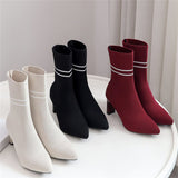 Women Sock Boots Fetish Stripper Stretch Ankle Boots Lady Knitting Winter Low 7.5cm High Heels Slip On   Jeans Red Shoes
