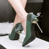 Amozae-2024 Woman Extreme 10cm High Heel Pumps Female Flock Velvet Pointed Toe Fetish Metal Heels Lady Footwear Scarpins Green Shoes