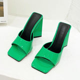 2021 Women Design 10cm High Heels Slides Mules Summer Peep Toe Patent Leather Green Yellow Thick Block Heels Slippers Party Shoe 06-23