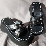 Amozae Summer 2024 Double Strap Buckles  Platform Wedges Fashion Goth Slippers Hot Women's Matal  Sandal For Comfy  Black Shoes