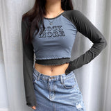 Amozae Fake 2 Pieces Letter Print Cotton Tshirt Women Autumn Casual Crop Top T Shirt Ladies Fashion Basic T-Shirt Winter