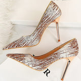 2021 Spring Autumn Fashion Women Gold 10cm Extreme High Heels Pumps Designer Bling Cinderella Valentine Wedding Shoes Plus Size