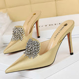 Amozae Luxury Women 10.5cm Hig Heels Slides Gold Crystal Silk Satin Mules Female Heels Closed Toe Slippers Slip On Prom Shoes