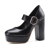 Amozae Fashion Platform High Heels Shoes Female   Leather Black White Women's Heels Round Toe Party Pumps Women Mary Jane Shoes