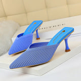 Amozae  New Style Summer Mesh Slides Women 6cm Low High Heels Hollow Mules Shales Casual Yellow Kitten Heels Slippers   Shoes