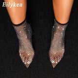 Amozae- New Design Crystal Rhinestone Mesh Stretch Fabric Sock Boots Fashion PVC Transparent Pointed Toe Shoes   High Heels