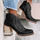 Amozae Leather Women Ankle Boots Women's Shoes Low Heel Cool British Embroidered Design Soft Short Boots Party Women Footwear