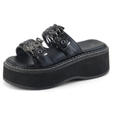Amozae Summer 2024 Double Strap Buckles  Platform Wedges Fashion Goth Slippers Hot Women's Matal  Sandal For Comfy  Black Shoes