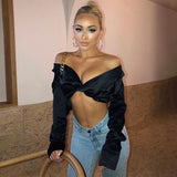 Amozae--Back to college   Summer Autumn Women Fashion Pure Color Long Sleeves Off Shoulder Bodycon Slim Crop Top   Y2K Outfit Female